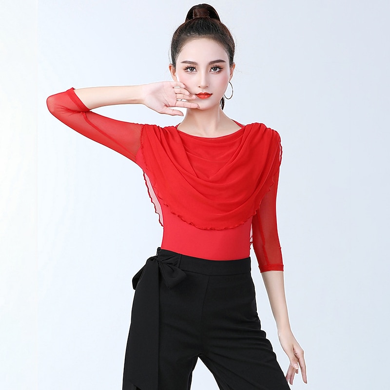 Latin Dance Activewear Top Pure Color Splicing Women's Training Performance 3/4 Length Sleeve High Cotton Blend2