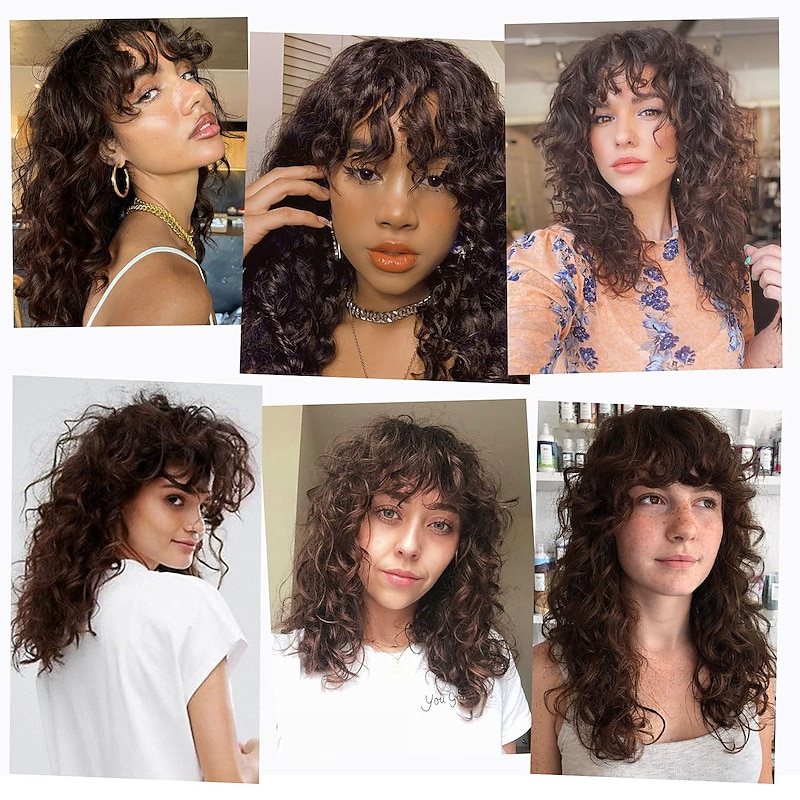Eddie Munson Cosplay Long Curly Wig with Bangs 20Inch Shag Haircut With Curly Fringe Synthetic Hair for Women and Women Daily Use Party Christmas Party Wigs2