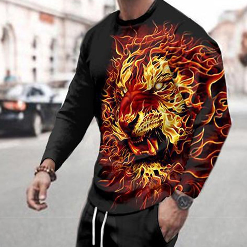 Men's Tracksuit Sweatsuit Orange Crew Neck Graphic Lion Casual Daily Holiday Polyester Casual Big and Tall Athletic Spring &  Fall Clothing Apparel Hoodies Sweatshirts  Long Sleeve2