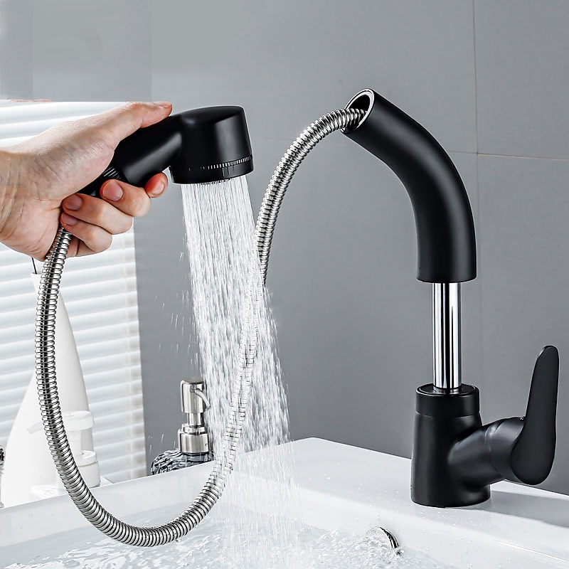 Matte Black Bathroom Basin Faucet Pull Out Spout Rotatable Liftable Body Deck Mounted Hot and Cold Water Mixer Tap2