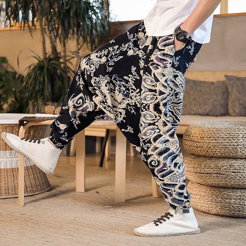Men's Harem Sweatpants Trousers Summer Pants Baggy Elastic Waist Drop Crotch Butterfly Abstract Flower / Floral Breathable Soft Full Length Casual Daily Cotton And Linen Ethnic Style Chinoiserie4