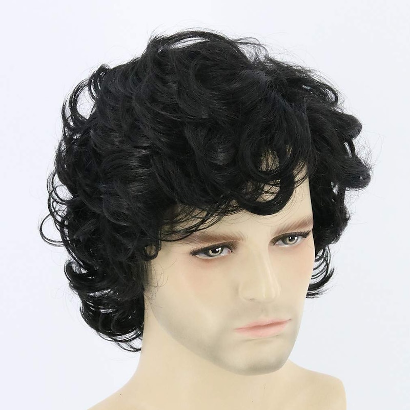 Black Wigs for Men Medieval Wig Cosplay Costume Wig Curly Middle Part Wig Black Synthetic Hair Men'sblack3