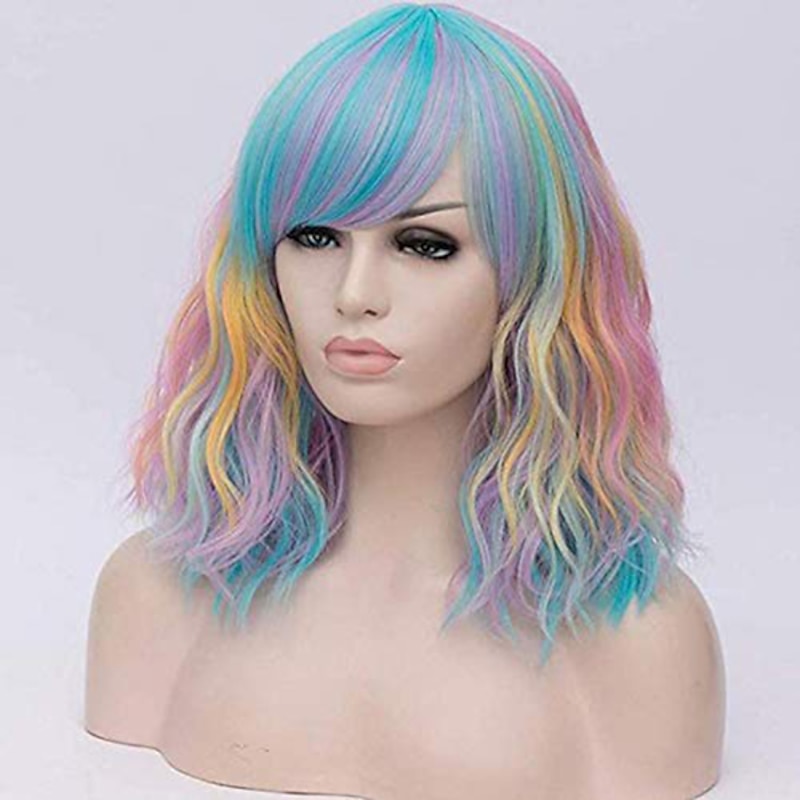 Mixed Color Wigs for Women Gothic Wig Evaner Wavy Wig Short Bobo Wigs with Air Bangs Shoulder Length Women's Wig Curly Wavy Synthetic Cosplay Wig Pastel Bob Wig for Girl  Wigs Halloween Wigs3