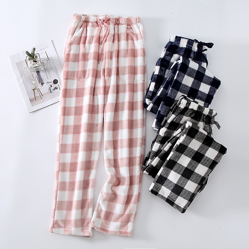 Women's Pajamas Pants Nighty Pjs 1 PCS Grid / Plaid Fashion Simple Comfort Party Home Bed Flannel Warm Breathable Long Pant Elastic Waist Print Pocket Fall Winter Home Outfits