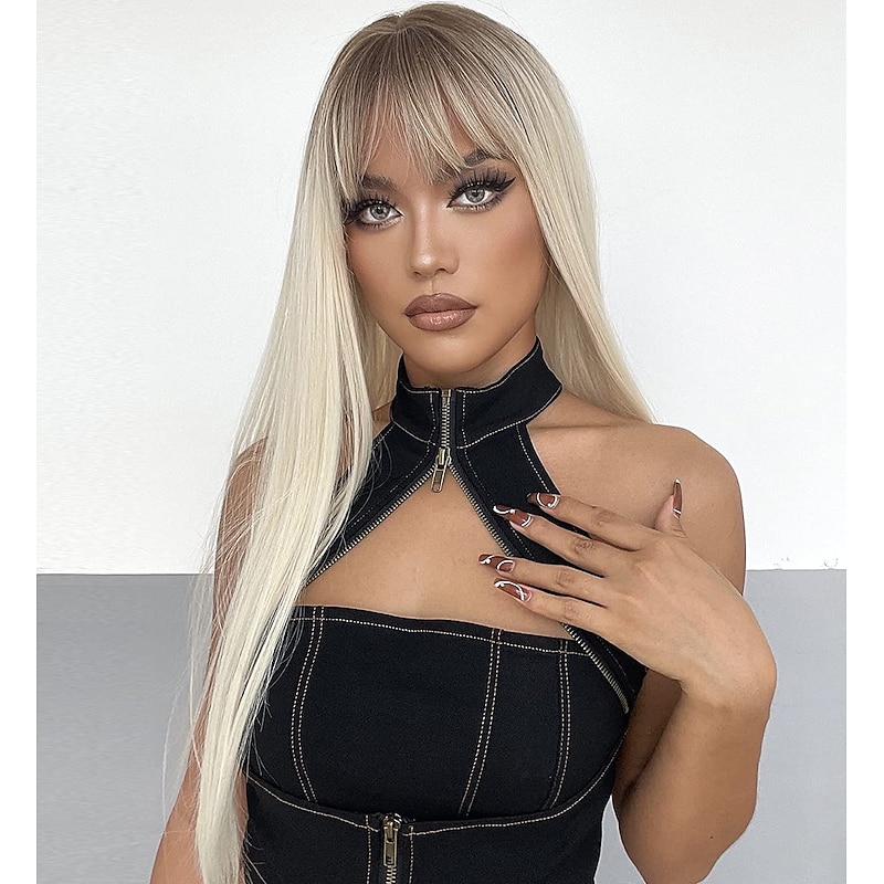 Platinum Blonde Wig with Bangs, Straight Long Hair Wig, Blond Wig with Front Cut Bangs, Synthetic Wigs for Women, 613 Wig with Fringe, -156 Christmas Party Wigs barbiecore Wigs4