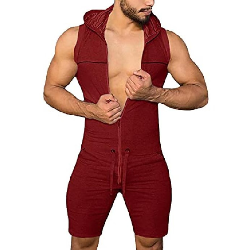 Mens Hooded Sleeveless Onesie Stretchy Jumpsuit Breathable Tight Onesies with Zipper