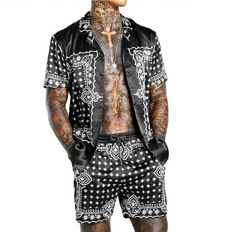 Men's Graphic Tropical Plants 2pcs Shirts Sets Summer Hawaiian Shirt Short Sleeve Short Pants Turndown Fashion Hawaiian Designer Outdoor Vacation Casual 3D Print Button-Down Summer Spring Black - Main Image