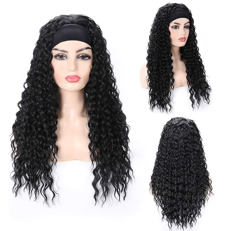Headband Wig Long Deep Wave Curly for Women Synthetic 24 Inch Long Curly Headband Wigs Natural Black Heat Resistant for Daily Wear (Black) No Colored Headband3