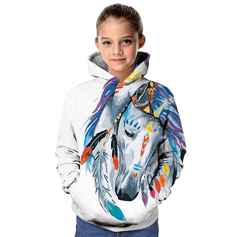 Girls' 3D Horse Hoodie Long Sleeve 3D Print Fall Winter Active Kids 3-12 Years Outdoor Daily
