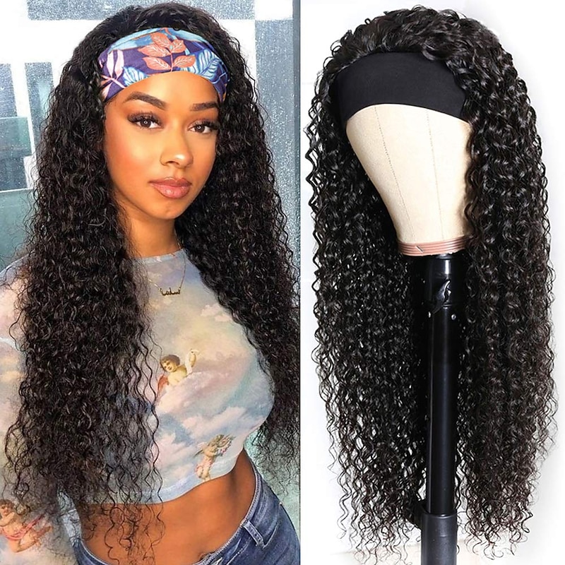 Headband Wig Long Deep Wave Curly for Women Synthetic 24 Inch Long Curly Headband Wigs Natural Black Heat Resistant for Daily Wear (Black) No Colored Headband