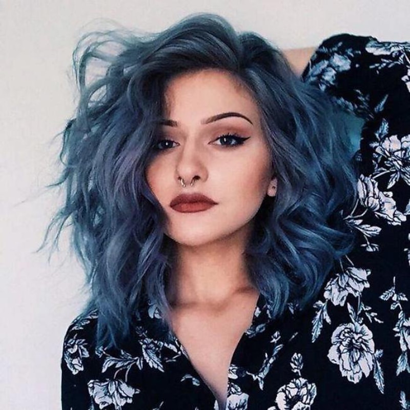 Synthetic Wig Curly Asymmetrical Machine Made Wig Medium Length Grey Ombre Blue Synthetic Hair 16 inch Women's Mixed Color / Engagement Party / Bridal Shower / Honeymoon Christmas Party Wigs