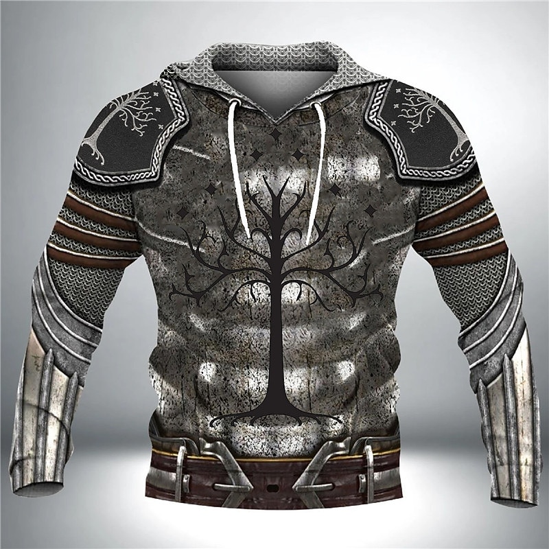 Men's Graphic Tribal Armor Viking Hoodie Hoodies Sweatshirt Sportswear Ethnic Long Sleeve Hooded Casual Daily Holiday Black And White Red Lace up Print Spring &  Fall Designer