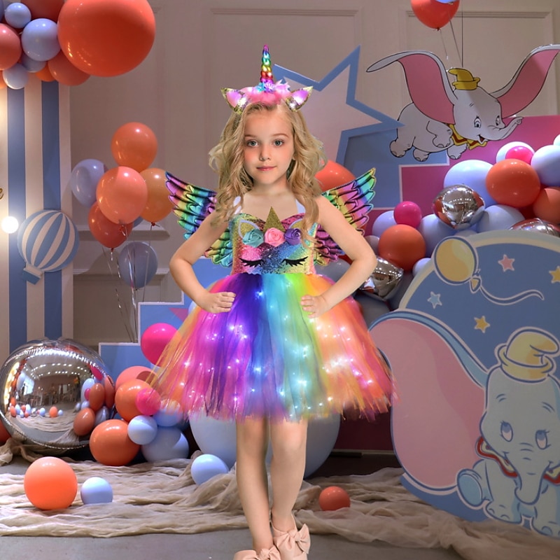 Kids Girls' Led Luminous Unicorn Tutu Dress Birthday Performance Ruched Mesh Patchwork Purple Rainbow Light Blue Cotton Above Knee Sleeveless Costume Cute Dresses Fall Summer2