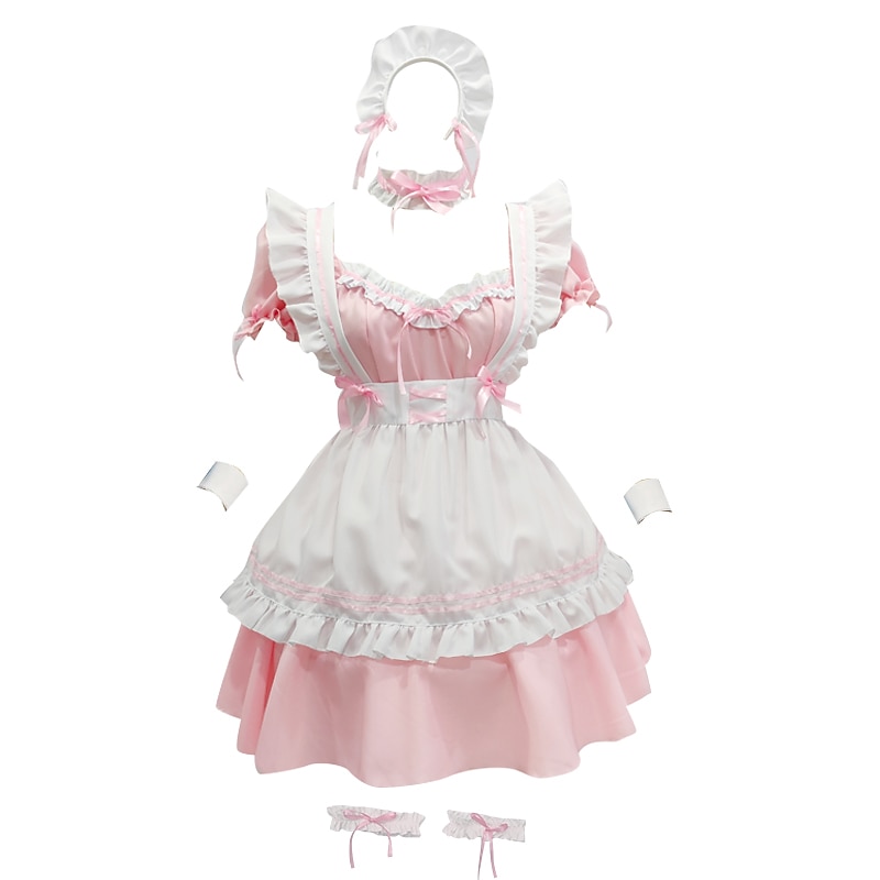Lolita Maid Uniforms Lolita Cute Dress Women's Japanese Cosplay Costumes Light Pink / Red / Light Blue Solid Color Short Sleeve Short / Mini / Apron / Apron