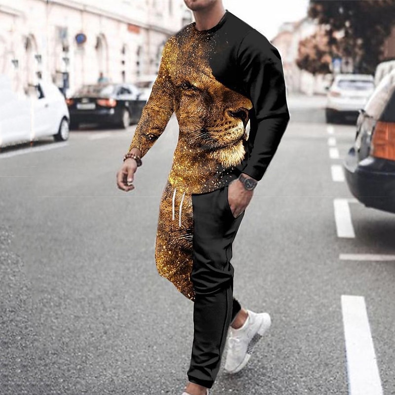 Men's Tracksuit Sweatsuit Brown Crew Neck Graphic Lion Casual Daily Holiday Casual Big and Tall Athletic Spring &  Fall Clothing Apparel Hoodies Sweatshirts  Long Sleeve
