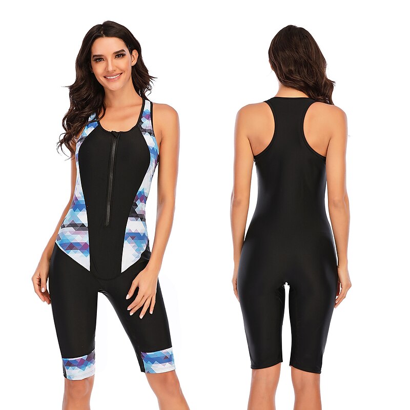 Women's Rash Guard One Piece Swimsuit UV Sun Protection Breathable Quick Dry Sleeveless Bodysuit Bathing Suit Front Zip Boyleg Knee Length Swimming Surfing Beach Water Sports Patchwork Summer