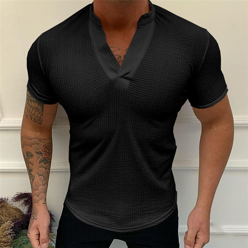 Men's Waffle Tee T Shirt Waffle Knit Tee Short Sleeve V Neck Summer Plain Sports Fashion Lightweight Vacation Casual Holiday Black White Pink Top Tee for Men3
