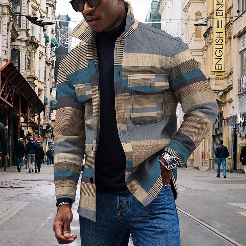 Men's Striped Geometric Pattern Collared Shirt Fleece Shirt Shirt Jacket Long Sleeve Streetwear Sporty Casual Outdoor Daily Going out Summer Spring Turndown Pocket Print Yellow Pink Blue Purple Orange