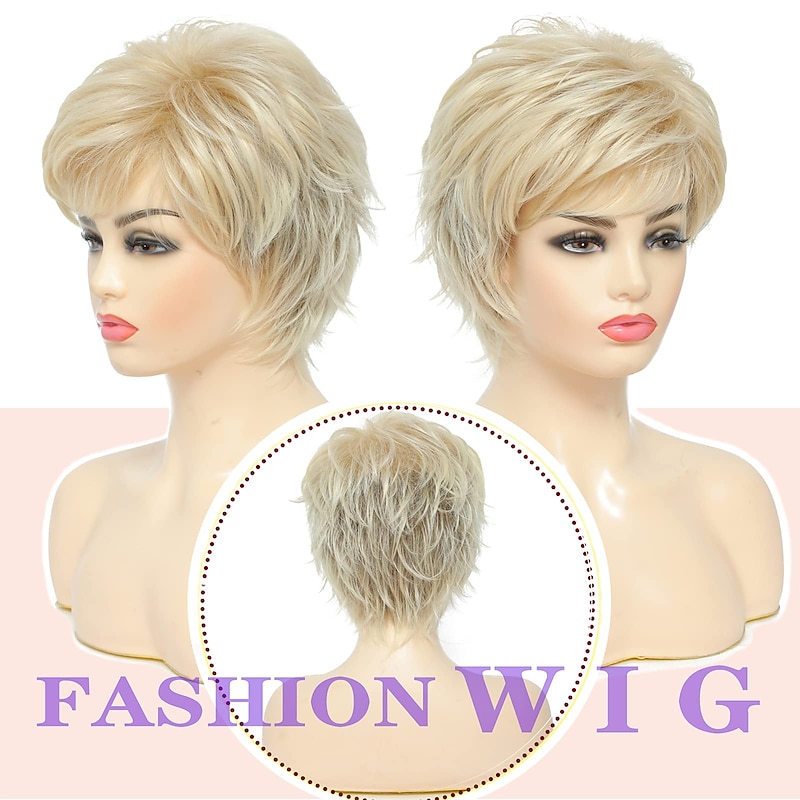 Short Blonde Wigs Omber Blonde Pixie Cut Wig for Women Natural Wavy Real Hair Synthetic Wig with Bangs4