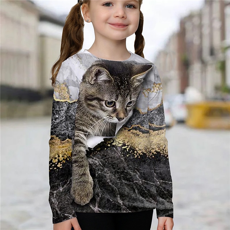 Girls' 3D Animal Cat T shirt Long Sleeve 3D Print Summer Spring Fall Active Sports Fashion Kids 3-12 Years Outdoor Daily Indoor Regular Fit