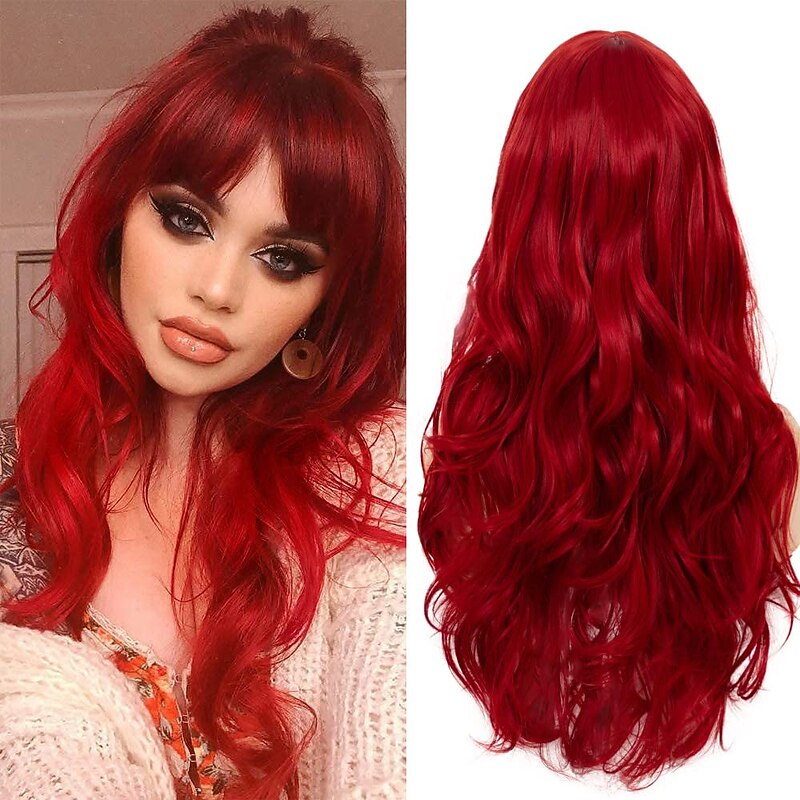 Long Curly Hair Wavy Red Wig with Bangs Synthetic Heat Resistant Silky Wig Cosplay Halloween and Everyday Use Christmas Party Wigs