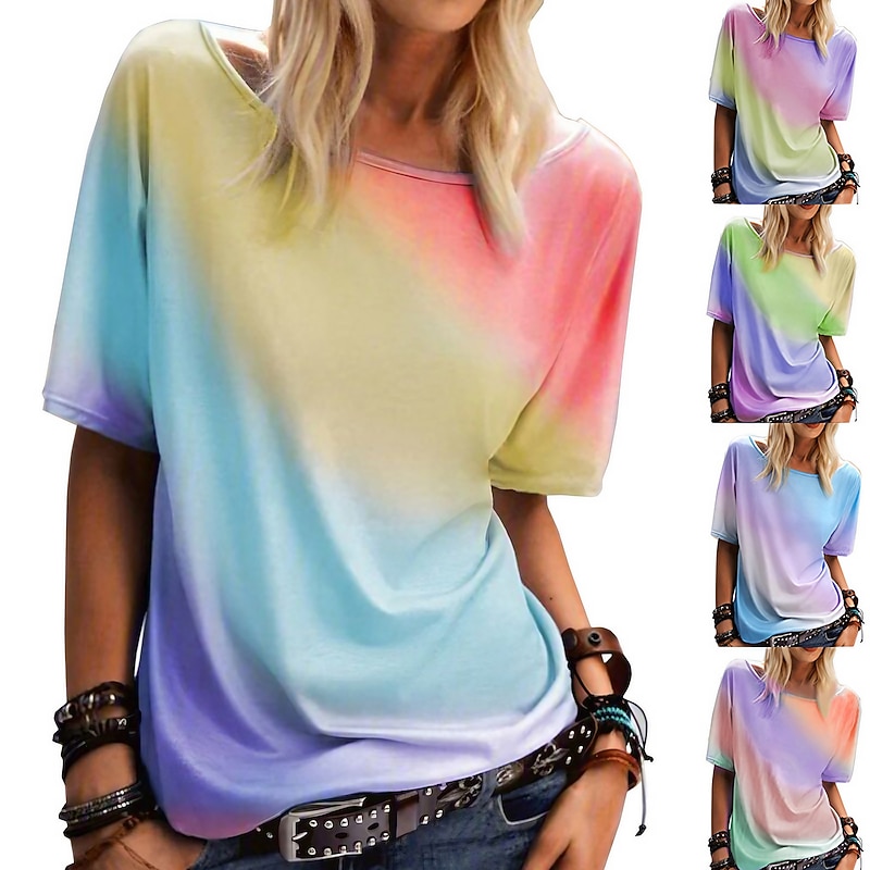 Women's clothing rainbow gradient printing casual top round neck short sleeve loose t-shirt