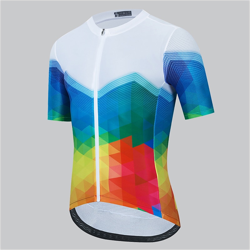Men's Cycling Jersey Stripes Geometry Short Sleeve Bike Top with 3 Rear Pockets Mountain Bike MTB Road Bike Cycling Quick Dry Reflective Strips Back Pocket Moisture Wicking Sports White Yellow Red3