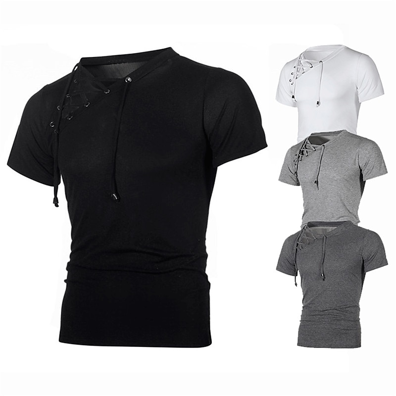 Men's T Shirt Short Sleeve V Neck Summer Plain Sports Fashion Lightweight Lace up Vacation Casual Holiday Black White Light Grey Top Tee for Men2