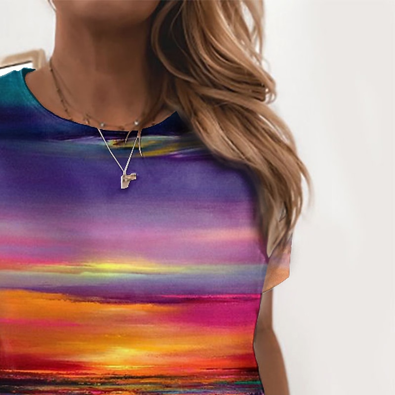 Women's T Shirt Basic Print Short Sleeve Regular Tops Round Neck Casual Daily Holiday Purple3