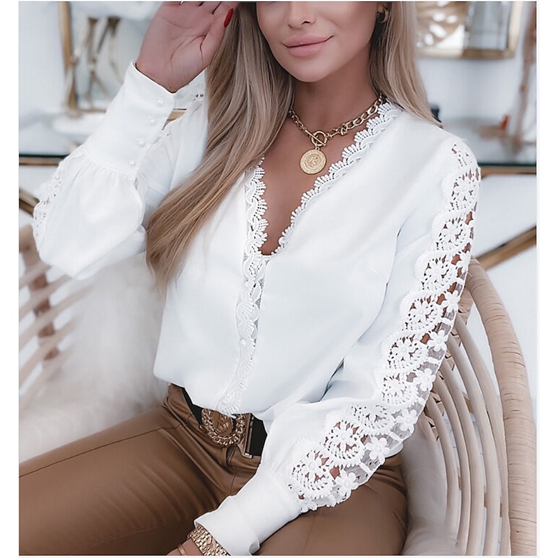 Women's Shirt Blouse White Eyelet Tops Black White Pink Plain Lace Cut Out Long Sleeve Work Daily Business Elegant Casual V Neck Regular S2