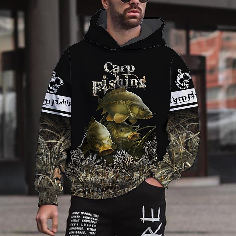 Men's Graphic Animal Fish Hoodie Hoodies Sweatshirt Streetwear Designer Long Sleeve Hooded Sports & Outdoor Daily Light Khaki. Black Print Spring &  Fall Designer - Main Image