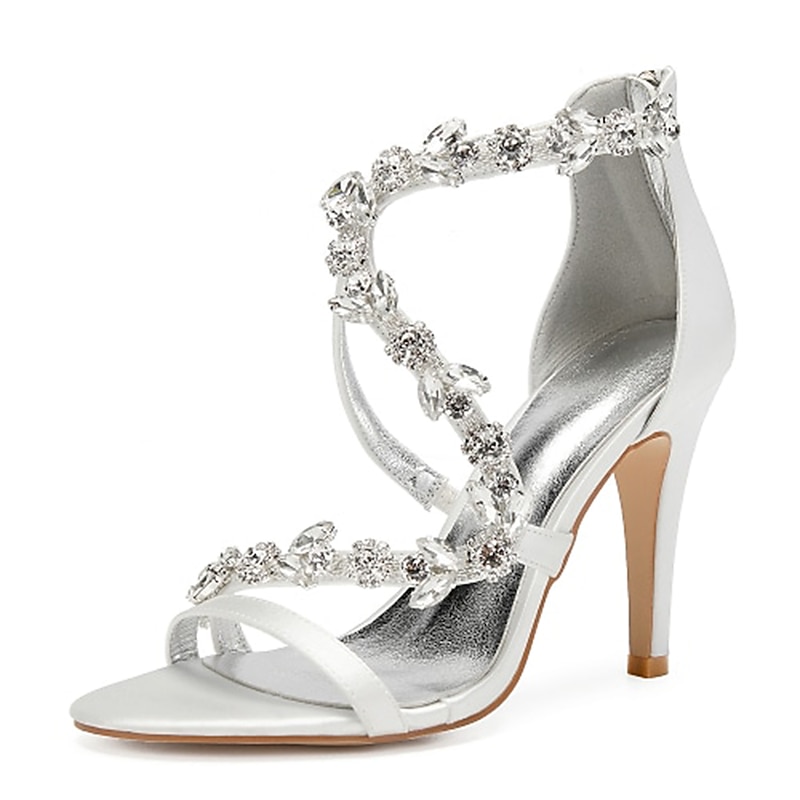 Women's Pink Satin High Heel Sandals with Rhinestone Floral Straps – Elegant Bridal or Evening Party Shoes4