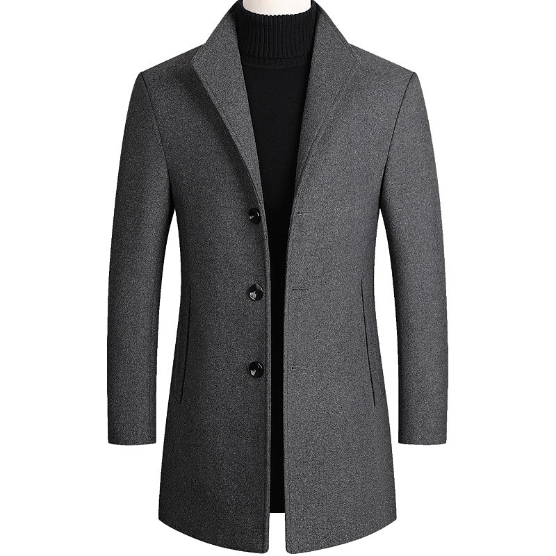 Men's Winter Coat Wool Coat Overcoat Blazer Office Business Winter Wool Windproof Warm Outerwear Clothing Apparel Office / Business Solid Color Pocket Stand Collar Single Breasted One-button3