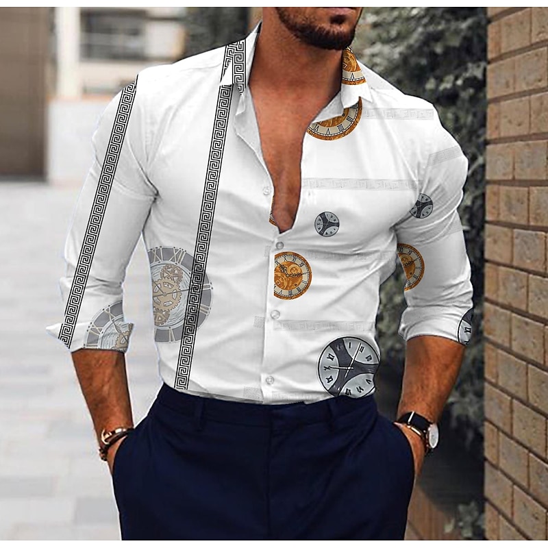 Men's Leaves Clock Shirt Button Up Shirt Vintage Designer Ethnic Style Daily Holiday Going out Spring, Fall, Winter, Summer Turndown 3D Print 21031 19014C gold c0018 19014C black c00154