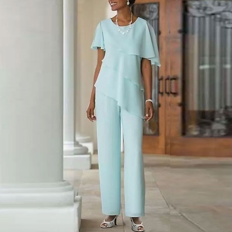 Two Piece Pantsuit Mother of the Bride  Wedding Guest Elegant Plus Size Jewel Neck Floor Length Chiffon Short Sleeve with Cascading Ruffles3