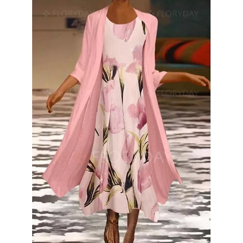 Women's Midi Dress Two Piece Dress Set Church Dress Pink Green Gray 3/4 Length Sleeve Floral Ruched Summer Spring Crew Neck Elegant 2023 S M L XL XXL 3XL4
