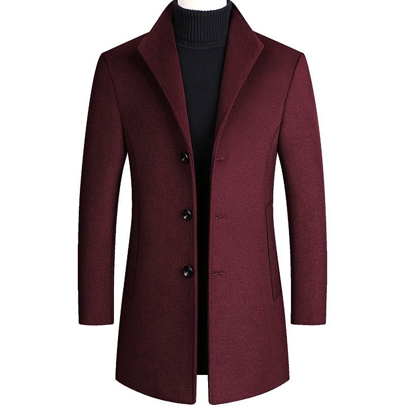 Men's Winter Coat Wool Coat Overcoat Blazer Office Business Winter Wool Windproof Warm Outerwear Clothing Apparel Office / Business Solid Color Pocket Stand Collar Single Breasted One-button