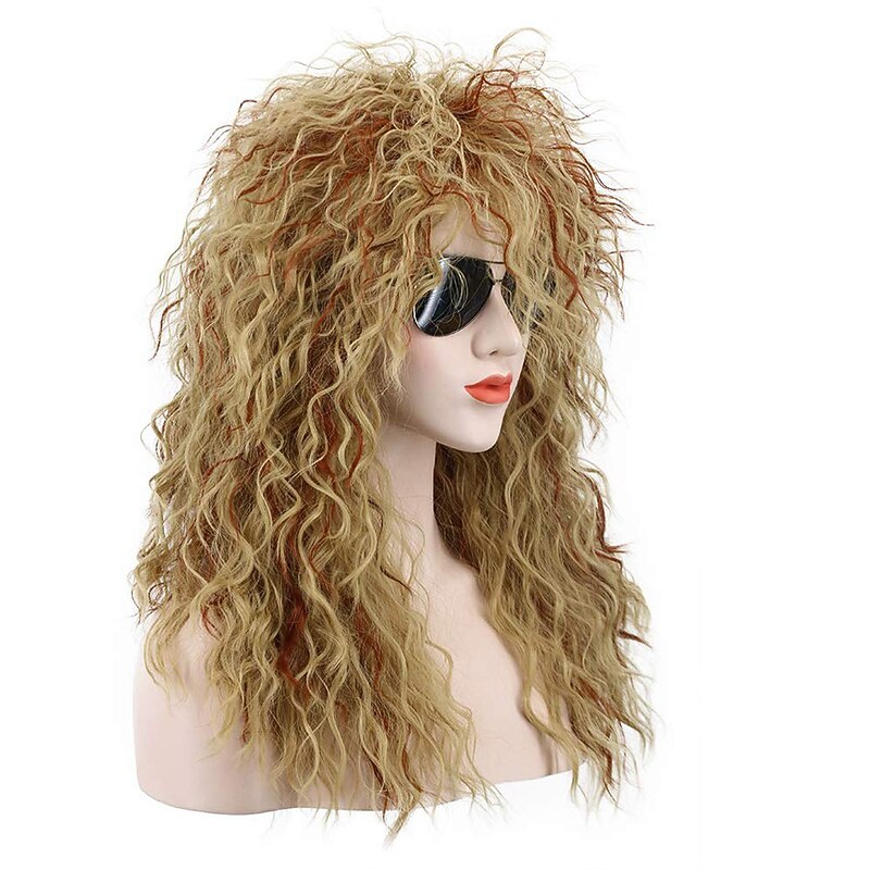 Men Women Long Curly Orange Mix Blonde 70S Heavy Metal Rocker Wig 80S Costume Anime Wig (Only Wig without Glasses) Halloween Wigs3