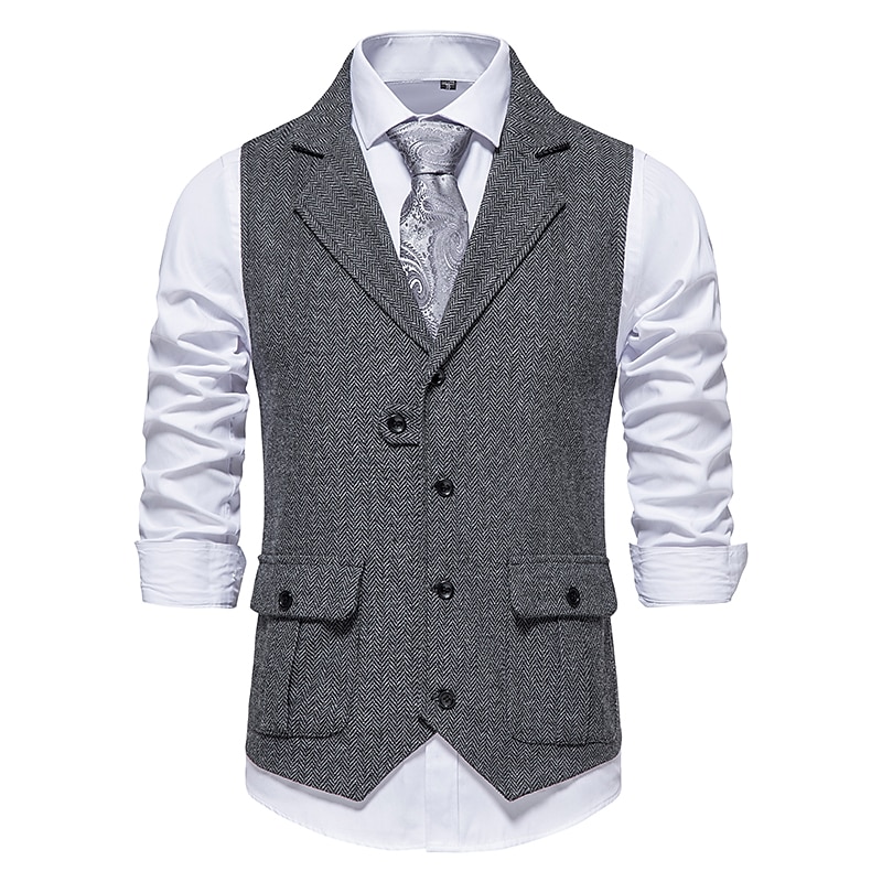 Men's Vest Waistcoat Wedding Party / Evening Vintage Retro Spring Fall Pocket Polyester Warm Solid Color Single Breasted Regular Fit Navy Blue Dark Green Coffee Gray Vest