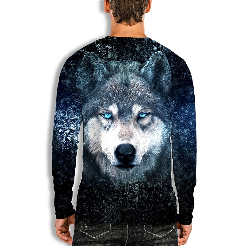 Men's Unisex Wolf Graphic Prints T Shirt Funny T Shirts Long Sleeve T shirt 3D Print Crew Neck Shirt Designer Casual Big and Tall Daily Holiday Blue Spring &  Fall Clothing Apparel S M L XL XXL 3XL2