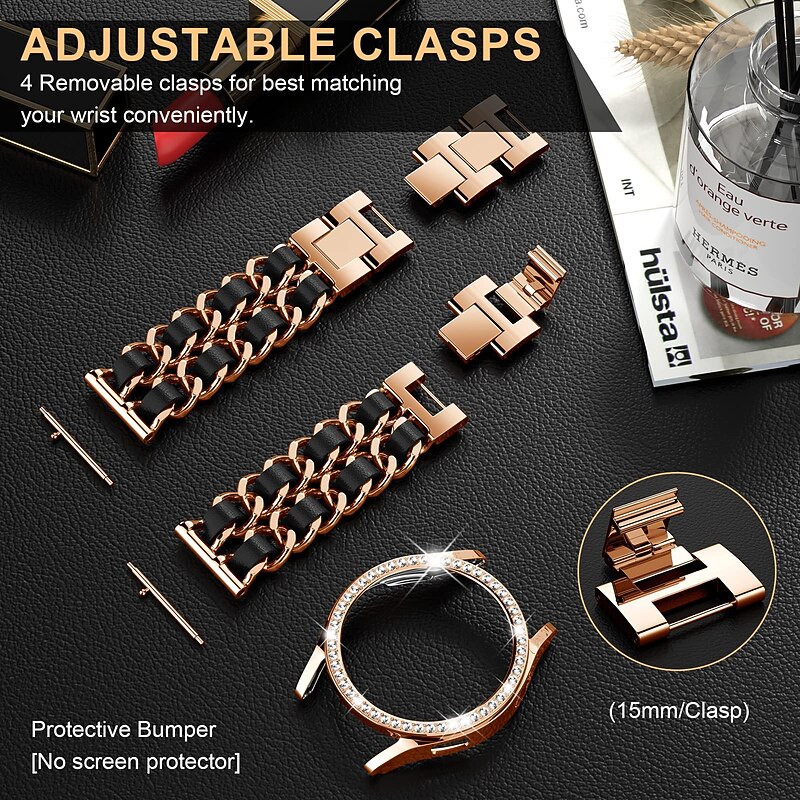 Watch Band for Samsung Galaxy Watch 4 40/44mm Watch Active 2 40/44mm Stainless Chain with Leather Belt Replacement  Strap Bling Diamond Luxury Jewelry Bracelet Wristband4