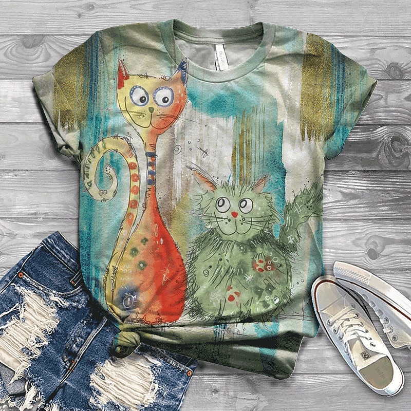 Women's T Shirt Streetwear Preppy Cat Print Short Sleeve Regular Tops Crew Neck Going out Weekend Navy Blue Blue Orange Green Peacock Blue Summer Spring3