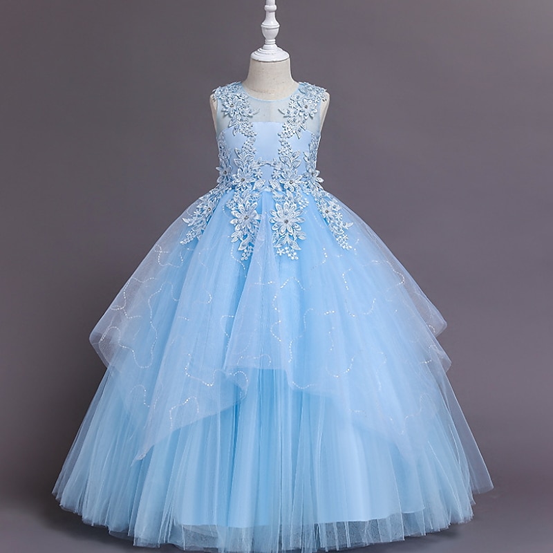 Kids Girls' Dress Floral Solid Colored A Line Dress Performance Wedding Party Ruched Mesh Pink Light Blue White Maxi Sleeveless Cute Princess Dresses Summer Fall Regular Fit 3-12 Years3