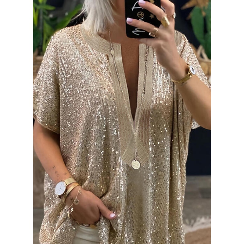 Women's Shirt Blouse Elegant Vintage Fashion Sparkly Sequins Long Sleeve Regular Tops V Neck Casual Weekend Silver Gold Spring Fall2