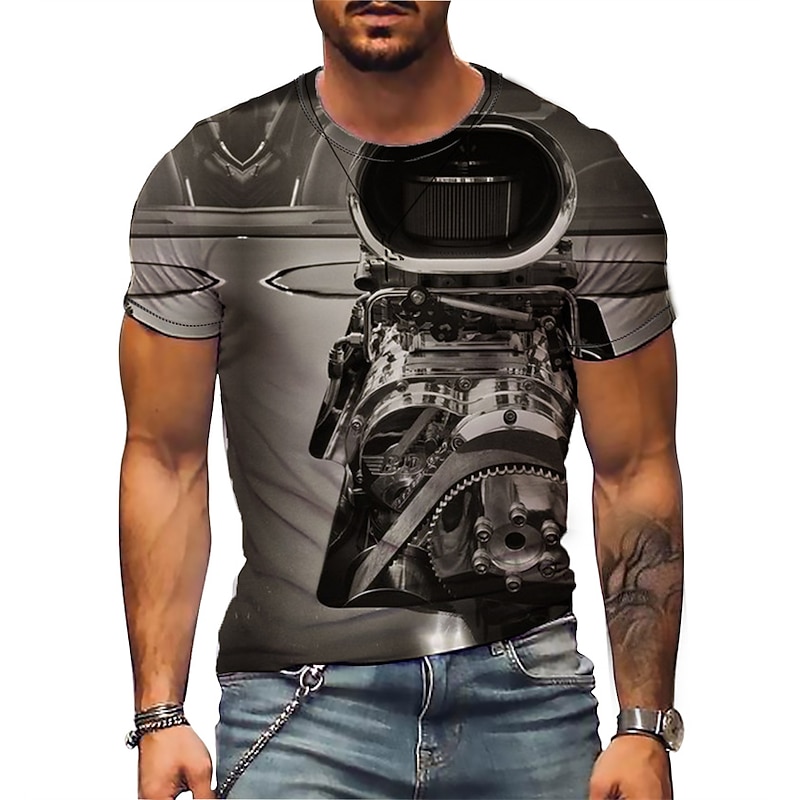 Men's Machine T Shirt Short Sleeve T shirt 3D Print Round Neck Shirt Sports Fashion Designer Outdoor Vacation Street Silver Black-White Black / Gray Summer Clothing Apparel S M L XL XXL XXXL 4XL3