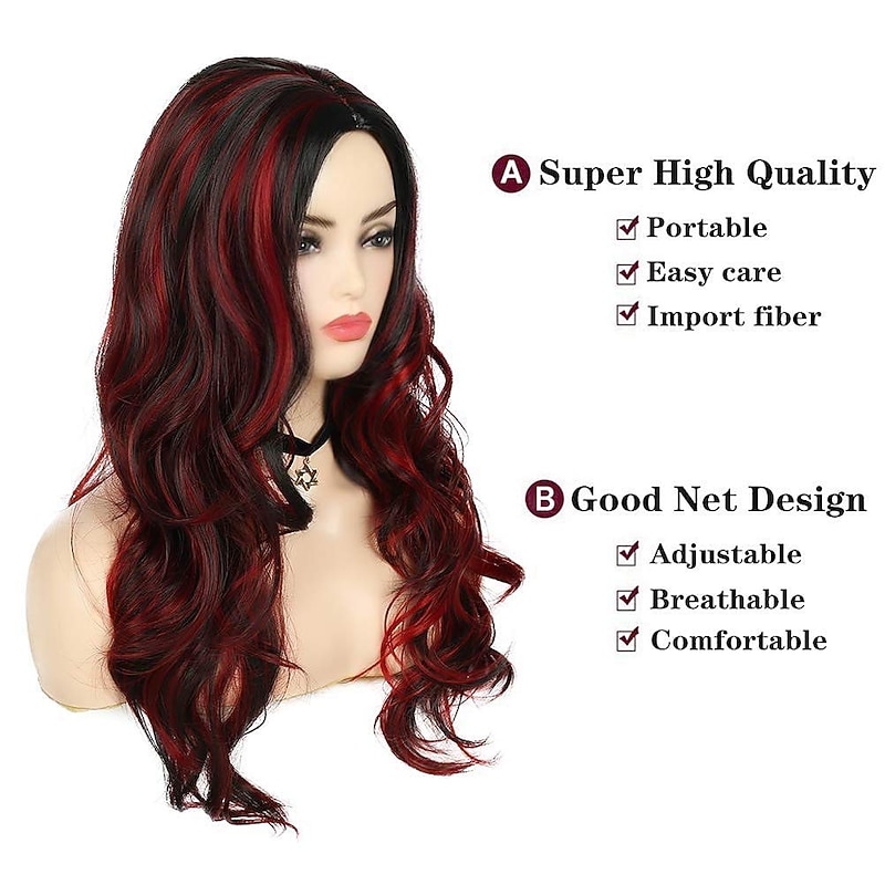 Black Red Wig Women's Long Wavy Wig Highlight Layered Silky Mid 2 Tone Synthetic Cosplay Costume Wig Christmas Party Wigs3