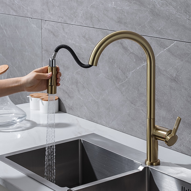 Kitchen Faucet with Pull-out Spray,Single Handle One Hole Brass High Arc 2-modes 360°Rotatable Modern Contemporary Kitchen Taps2