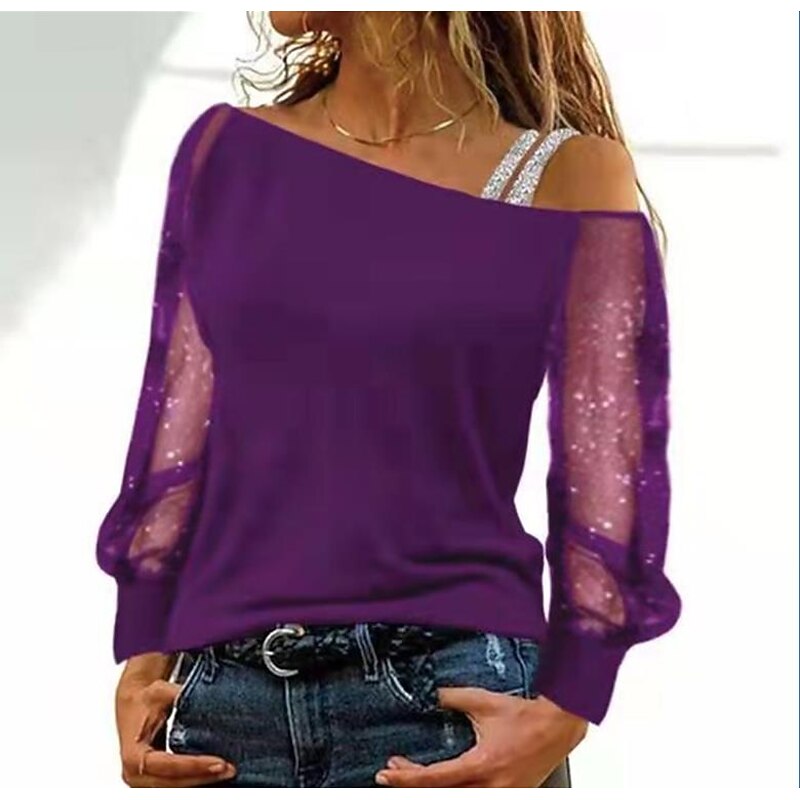 Women's T shirt Tee Black Wine Blue Plain Mesh Patchwork Long Sleeve Going out Weekend One-Shoulder Sexy Beach One Shoulder Regular S4
