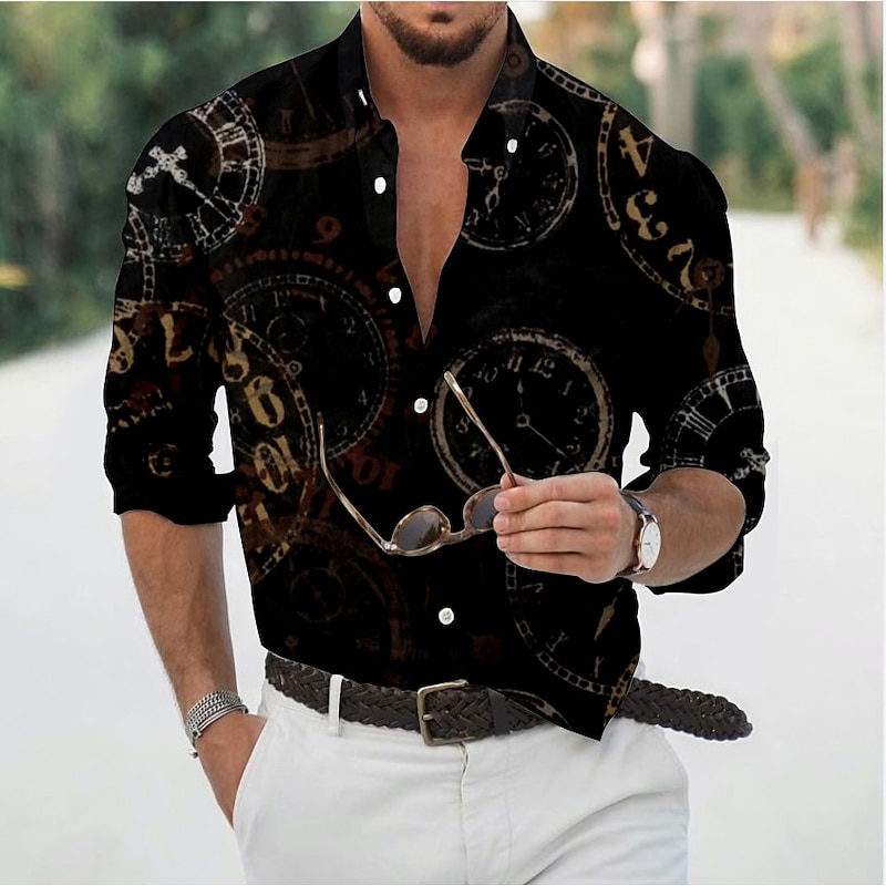 Men's Leaves Clock Shirt Button Up Shirt Vintage Designer Ethnic Style Daily Holiday Going out Spring, Fall, Winter, Summer Turndown 3D Print 21031 19014C gold c0018 19014C black c0015 6