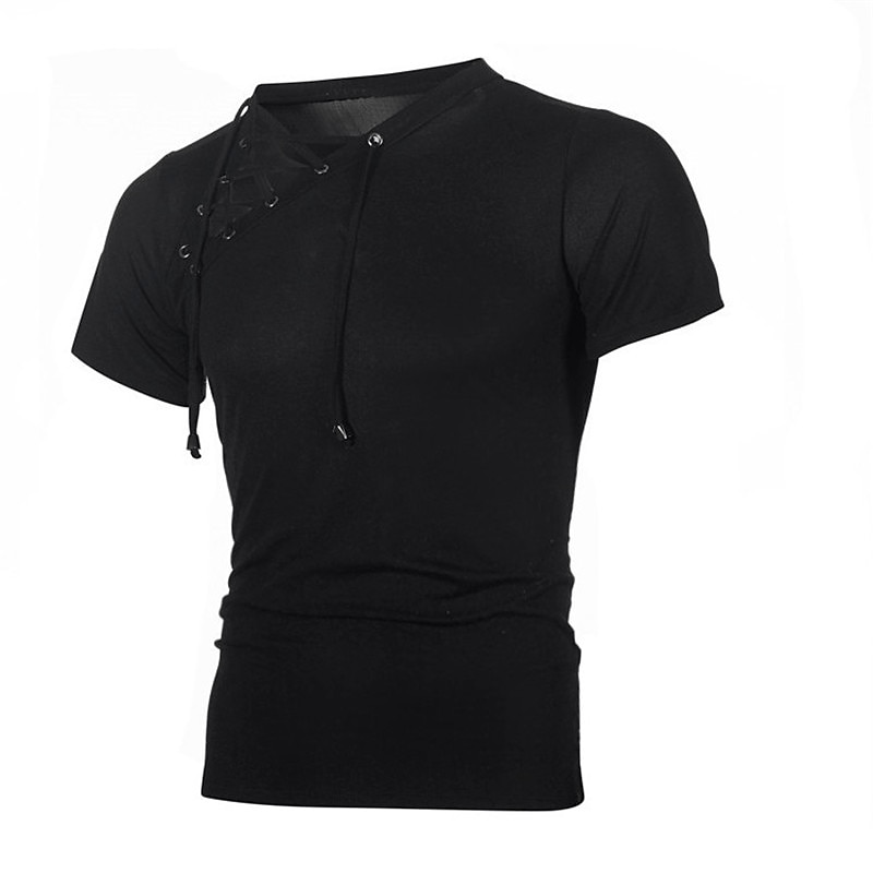 Men's T Shirt Short Sleeve V Neck Summer Plain Sports Fashion Lightweight Lace up Vacation Casual Holiday Black White Light Grey Top Tee for Men3